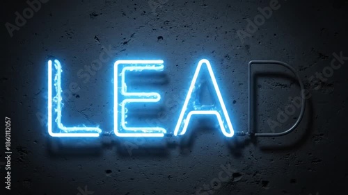 Neon sign with the word LEAD in blue letters on a dark background