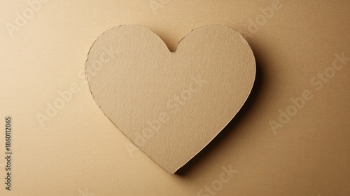 Simple brown paper heart cutout on beige background with soft light and shadow minimal composition