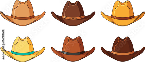 Classic western cowboy hats collection in various brown and tan shades with decorative bands for rancher sheriff country style and outback costume design.