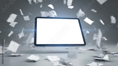 A tablet with a white screen surrounded by flying papers on a gray surface with a dark background