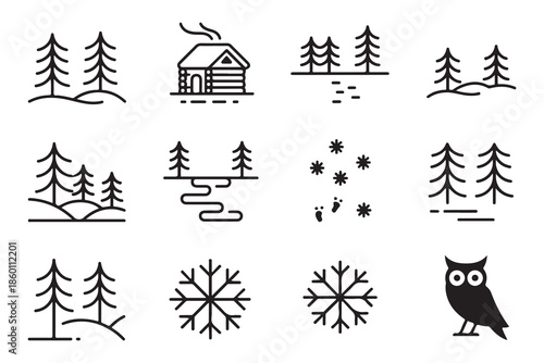 Collection of simple black line icons representing winter nature scenes and cozy cabin living elements