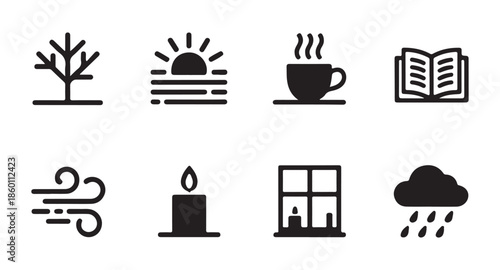 Minimalist winter and comfort icons featuring bare branches morning sun hot drink open book wind candle and window