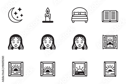 Set of twelve thin line art icons depicting nighttime ambiance reading bed comfort and morning sunrise views