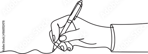 Simple and elegant, this illustration uses an outline style to depict a person's hand in motion, putting pen to paper in a modern, single-line art aesthetic.
