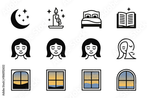 Minimalist sleep icons with moonlit candle bedroom scene reading woman and sunset window views for digital interface