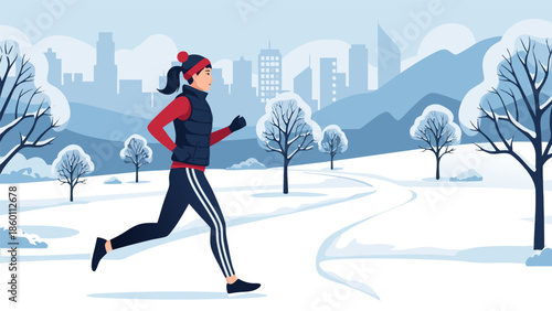 Winter running vector illustration of a woman jogging through a snowy park with a city skyline in the background