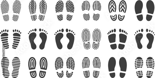 Assortment of shoe and footprint outlines in various patterns and styles Keywords: footprint, shoe, sole, print, outline