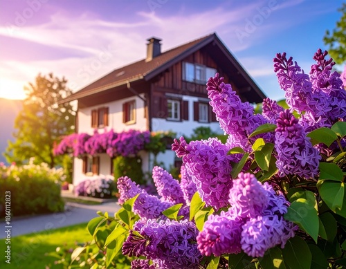 Charming House with Lilacs in Bloom at Sunset