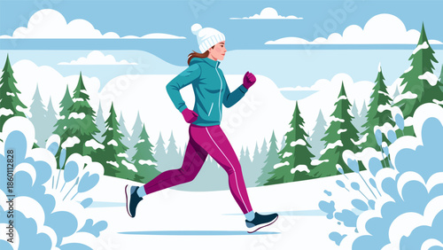 Winter Running Vector Illustration A Woman Jogging Through Snowy Trees and Landscape