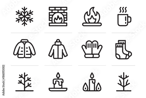 Winter season icons for cold weather and cozy indoor activities, including fireplace, bonfire, hot drink, warm clothing and bare trees