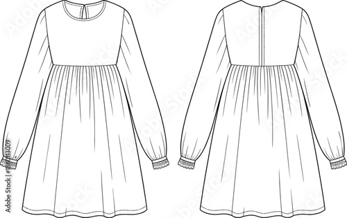 Childrens Long Sleeve Dress Front and Back View OutlineTitle: Childrens long sleeve dress front and back view outlineKeywords