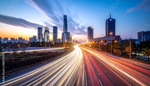 Cityscape at Dusk with Light Trails on Highway