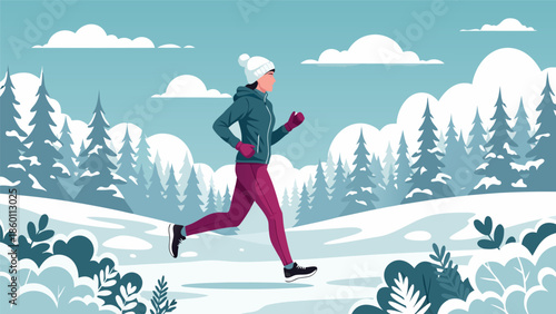 Winter running vector illustration of a person exercising outdoors in a snowy landscape, healthy lifestyle