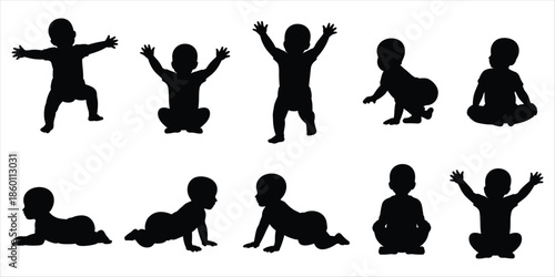 Collection of baby silhouettes in various poses on a white background infant child