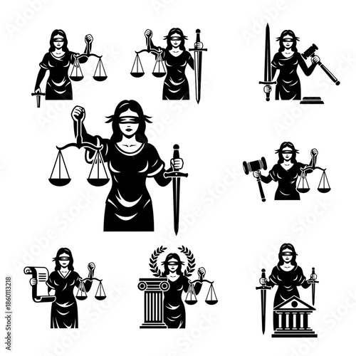 Lady Justice depicted in various illustrations showcasing different aspects of the legal system