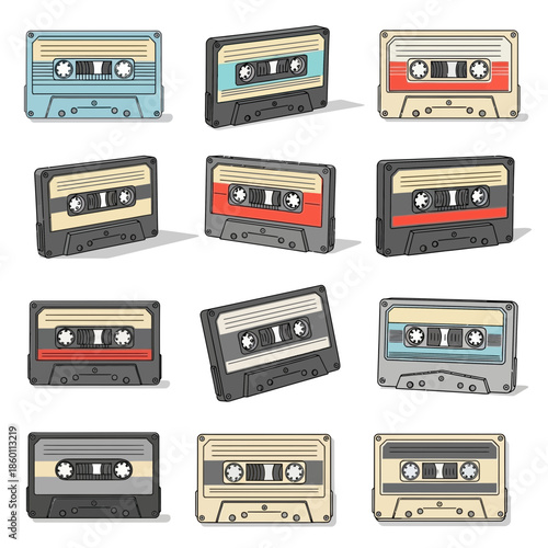 A collection of assorted cassette tapes arranged in a grid on a white background