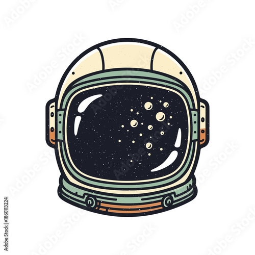 Astronaut helmet reflecting a starry night sky with planets and galaxies in a graphic illustration