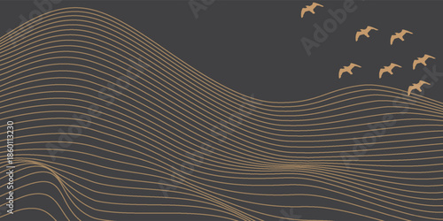 Vector abstract art landscape mountain with birds and sunrise with gold line art texture isolated on dark gray black background. eps10