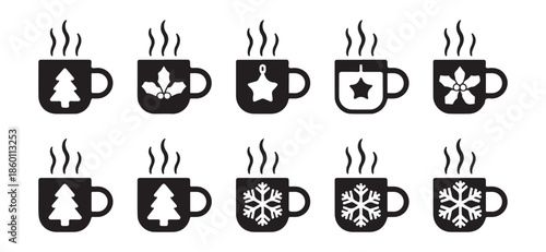 Set of decorative steaming cups featuring winter themes like snowflakes stars trees and holly berries for holidays