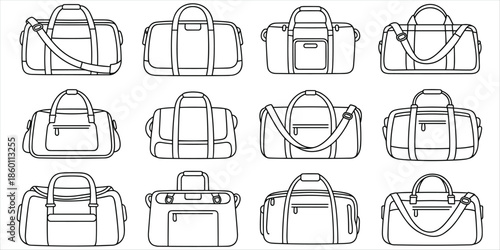 Collection of Twelve Different Outline Duffel Bags and Travel Bags Keywords: duffel bag, travel bag, luggage, bag, carry on, gym
