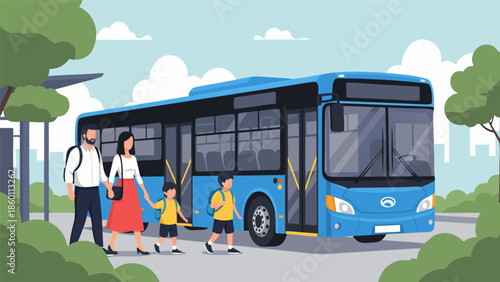 School bus stop scene vector illustration, parents accompanying children to school bus at bus stop with trees and sky background