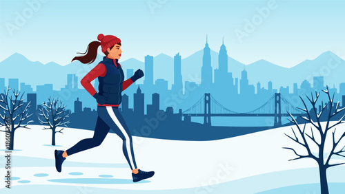 Winter Running Vector Illustration A Woman in Warm Clothing Jogging in a Snowy Park with a City Skyline in the Background