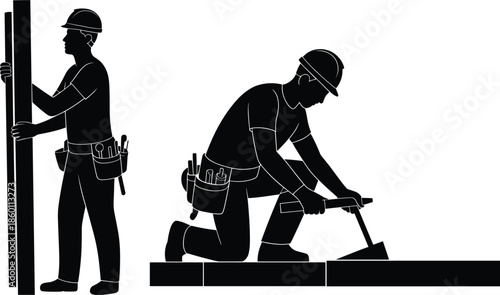 Construction Worker with Tools and Building Material Silhouettes builder labor