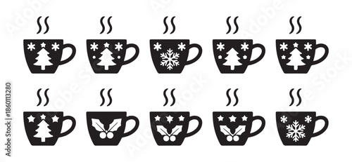 Christmas coffee mug icons set with festive winter patterns including snowflake trees and holly berries silhouettes