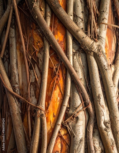 Close up of Banyan Tree Roots Intertwined on Bark