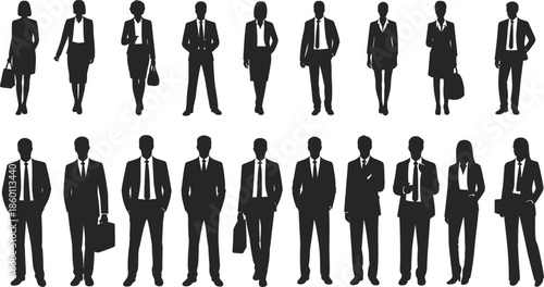 Diverse group of business people silhouettes in formal attire standing and holding bags women