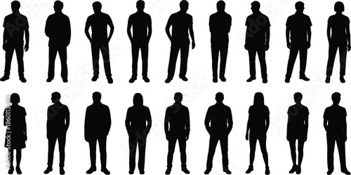 Diverse group of male and female silhouettes standing in various poses on white background Keywords: silhouette, people, man