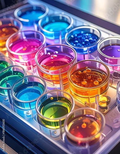 Close up of Colorful Liquids in Laboratory Beakers