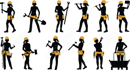 Female construction workers silhouettes with tools and hard hats woman