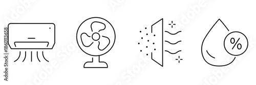Air conditioning icon set, ac unit cooling system, electric fan ventilation, air filter purification, humidity moisture control illustration.