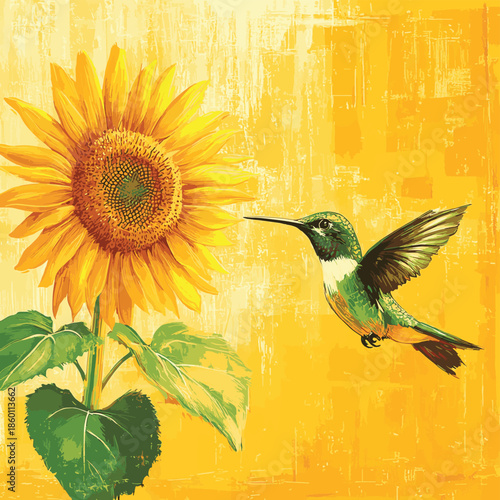 Hummingbird sips nectar from a sunflower on a textured yellow background , vector style simple color