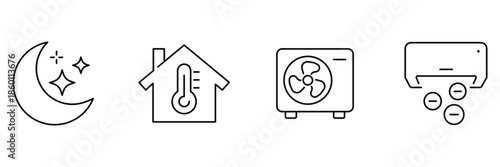 Air cooling icon set, night comfort sleep mode, home temperature thermostat, window ac unit, energy ionizer efficiency illustration.