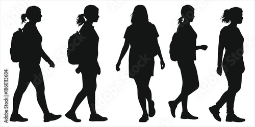 Five black silhouette female figures walking with backpacks on white background woman girl