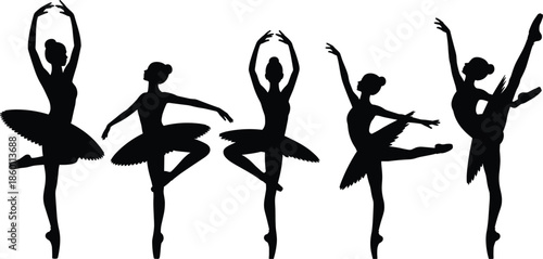 Five black silhouettes of ballerinas in various ballet poses on white background dancer