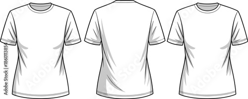 Front Back and Side View of Plain White T Shirts on White Background Keywords: t-shirt, shirt, clothing, apparel, fashion, white