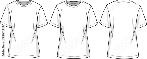 Front Back and Side View of Plain White T Shirts with Stitched Hems on White Background Keywords: t-shirt, shirt, clothing