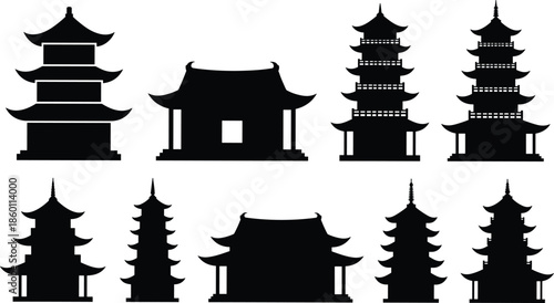 Asian pagoda temple silhouettes set, traditional Chinese Japanese architecture landmarks, cultural buildings collection, black vector illustration