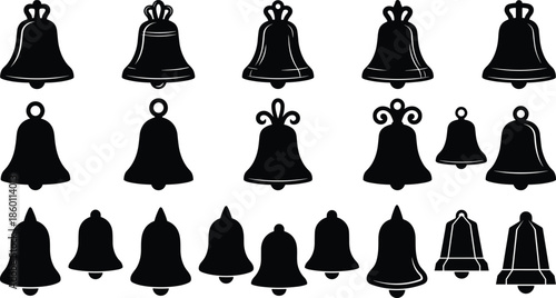 Bell icon set, notification alert symbol collection, black silhouette ringing bell shapes, UI sound alarm vector illustration