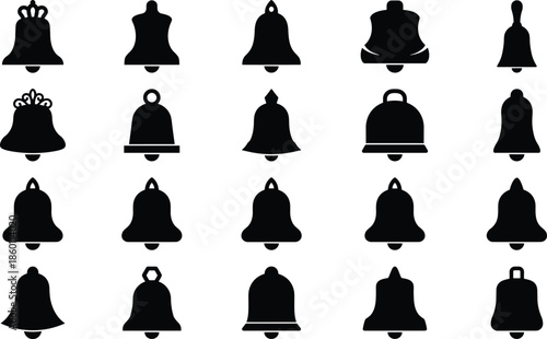 Bell icon collection, notification symbols set, alarm reminder silhouettes, black bell icons, UI alert signs, isolated vector illustration pack