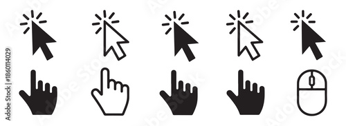 Collection of cursor and hand icons representing mouse click and finger touch input for computer and mobile devices