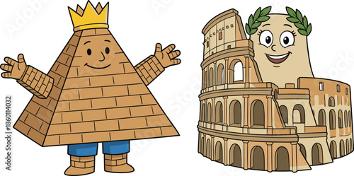 Cartoon ancient landmarks illustration, cute pyramid king and Roman Colosseum characters, educational history concept, kids travel vector art, clipart isolated