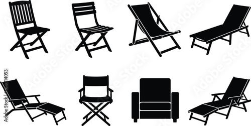 Chair silhouette collection, folding chairs, lounge and deck chairs, armchair furniture set, black vector illustration