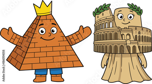 Cute ancient landmarks cartoon illustration, smiling pyramid king and Roman Colosseum characters, educational history concept, kids travel vector clipart isolated
