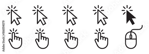 Mouse and hand pointer clicking icon set with computer mouse. cursor arrows flat design