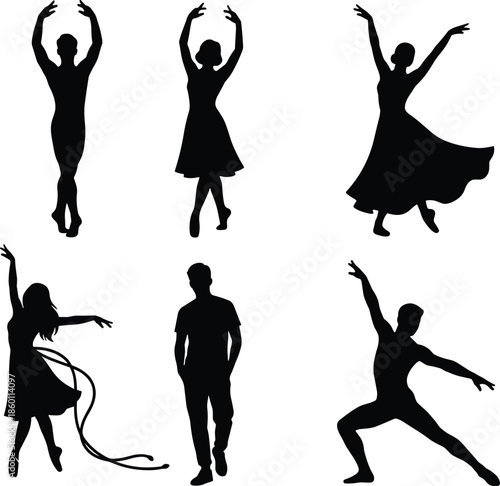 Dance silhouette set, male and female dancers in graceful poses, ballet modern performance black vector illustration collection
