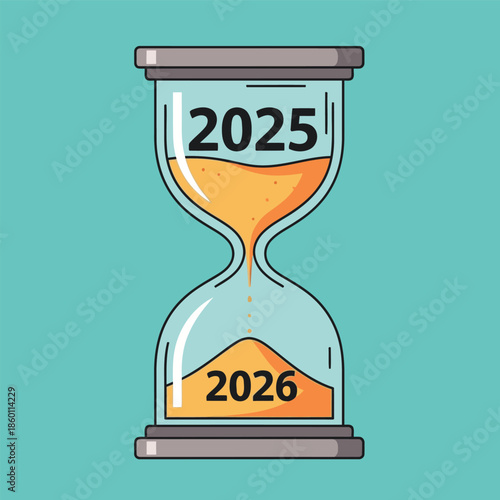 An hourglass with sand flowing from 2025 to 2026, symbolizing the passage of time and the transition between years.